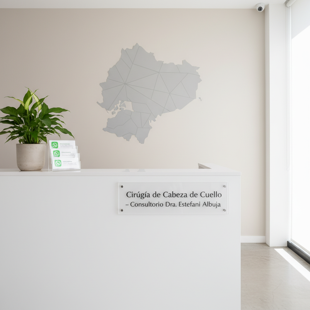 A modern clinic reception desk for a head and neck surgery specialist in Quito, featuring a minimalist white counter with a small, discreet sign reading “Cirugía de Cabeza y Cuello – Consultorio Dra. Estefani Albuja” in elegant dark-gray lettering. A green plant in a simple ceramic pot adds a touch of life beside a clear acrylic stand displaying appointment cards with a WhatsApp icon. Behind the counter, a wall map silhouette of Quito in soft gray decorates a light, neutral wall. Bright, diffused natural light from a large unseen window bathes the scene, producing a clean, welcoming look. Photographic realism, eye-level composition with balanced framing, conveying professionalism, order, and easy access to scheduling via WhatsApp.
